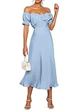 KIRUNDO 2023 Summer Women's Satin Midi Dresses Off Shoulder Wrap Ruched Wedding Guest Party Cocktail Formal Prom Dress(Light Blue, Small)