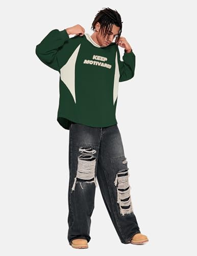 Vamtac Letter Graphic Crewneck Sweatshirts for Men Vintage Color Blocking Long Sleeve Casual Pullover Top