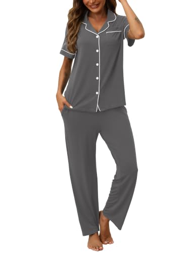 Image of HNG Women Pajamas Set 2 Piece Button Up Pajamas Pant and Short Sleeve Shirt for Woman Pj Sets with Pocket
