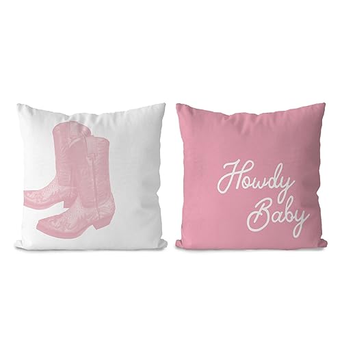 Image of DOTAIN Western Howdy Pillows Pillow Covers 18x18,Pink Pillow Covers,Howdy Baby Cowgirl Boots Pillow Cover,Cowgirl Room Decor,Western Cowgirl Decor,Pink Room Dorm Decor,Set of 2