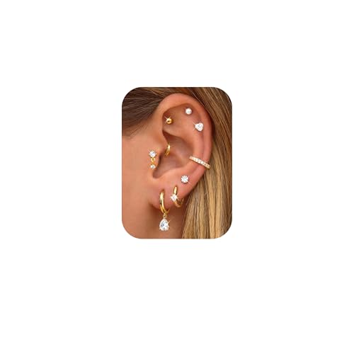 FIOROYAL 9 Pares Pendientes Oro para Mujer, 14K Chapado Oro HipoalergénicosSet de Pendientes Huggie Hoop en Acero Quirúrgico 316L para Múltiples Piercings G