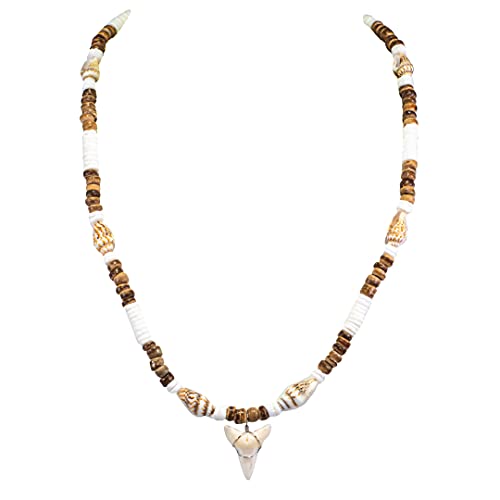Bluerica Shark Tooth Pendant On Tiger Brown Coconut & Tiger Nassa Shells Necklace #TOP27