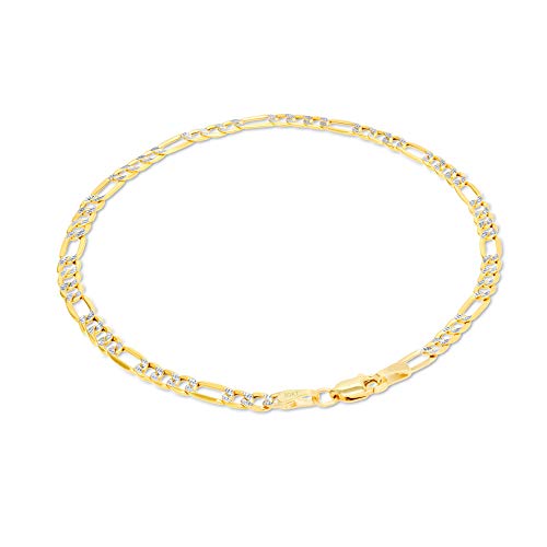 Nuragold 10k Real Yellow Gold Figaro Link 3.5mm Diamond Cut Pave Chain Bracelet (7"-9") Two Tone Italian Jewelry for Men & Women4