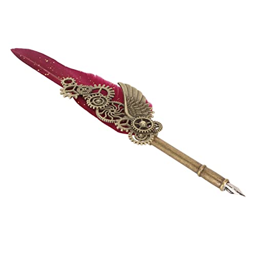 Pssopp 羽ペン機械式レトロデザイン交換可能4種ペン先ステンレス素材クイルペン書道練習プレゼント用手書き書き込み (赤)