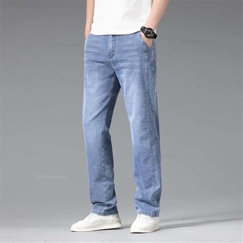Hndudnff Men's Summer Loose Thin Jeans Elastic Waist Stretch Straight Business Casual Denim Long Pants3