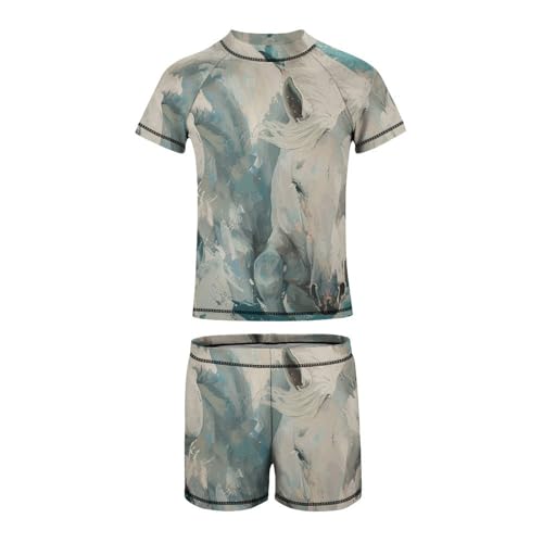 White Horses and Horseshoe PrintChildren's Casual Swimsuit Set - Simple and Versatile6-7Y（110cm）4