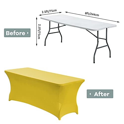 Image of CWK 8FT Waterproof Stretch Spandex Table Cover for Rectangular Tables - Elastic Fitted Tablecloth for Folding Tables,Wrinkle Resistant Table Cloth for Parties, Weddings, Banquets & Events(Yellow)