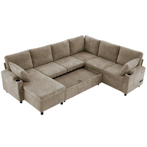 Image of ERYE 110-Inch U-Shaped Left Facing Sleeper Sectional Sofa Chenille Upholstered Corner Convertible Pull Out Sleeper Sofabed with Cupholders,Armrests Storage and USB Ports