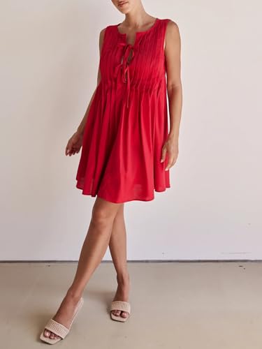 Image of Womens Tie Front Mini Dress Summer Vacation Bow Sleeveless Pleated Casual Loose Babydoll Cover Ups Dresses