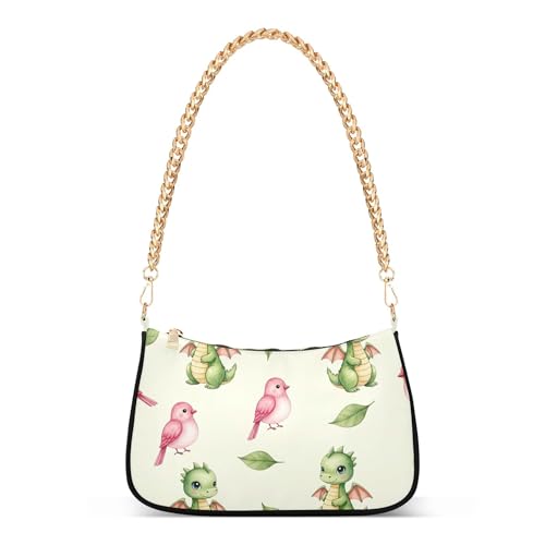 Cute Watercolor Dragons Birds Beige Casual Purse Hobo Women Clutch Handbag Retro Ladies Shoulder Bag Zipper Closure