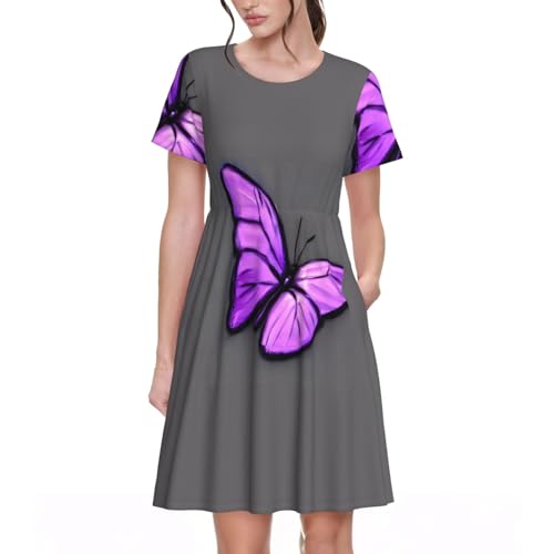 Robe d'été papillons pour femme en violet chic à manches courtes