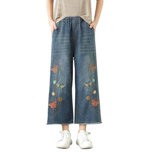 Women Embroidered High Waist Jeans Women Casual Ripped Cropped Pants