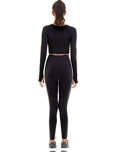 Toplook Women Seamless Workout Outfits Athletic Set Leggings + Long Sleeve Top (Black, Small)
