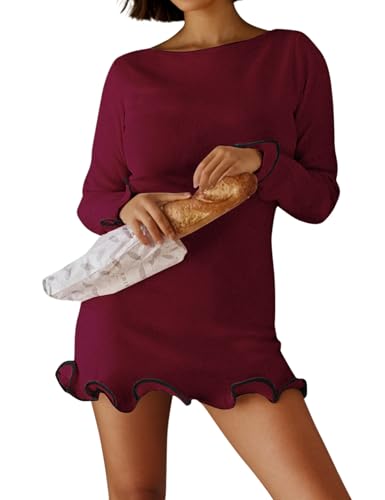 Image of ISZPLUSH Women's Sexy Bodycon Ruffle Hem Knit Dress Crew Neck Long Sleeve Slim Club Party Mini Dress