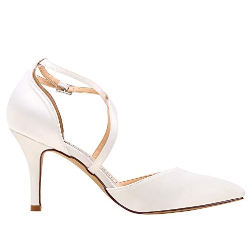 Image of ELEGANTPARK Pointed Toe Heels for Women Satin Strappy Wedding Dress Shoes | Adjustable Buckle, 3 inch Stable Heel, Closed Toe Pumps for Bride, Wedding Guest, Bridesmaid, Evening, Cocktail Party, Formal