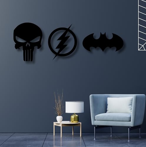 Image of TWIGGY Superhero 6mm MDF Wooden Wall Decor Set for Home, Office, or Gaming Room, Gift, Anime (pack of 3 | The Batman,Punisher,Flash)