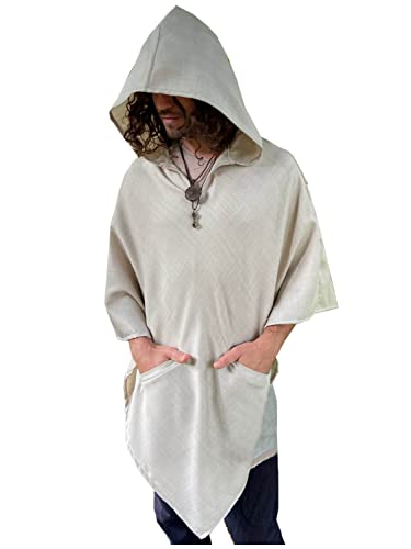 Handmade AKALIKO Hooded Poncho Cream Beige Handwoven Wool Premium Pure Cashmere Pockets Hood Minimalist Simple Zen Gypsy Festival Mexican Boho AJJAYA
