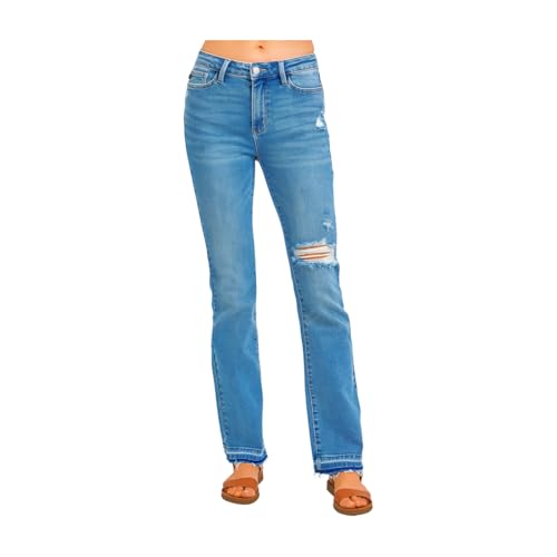 Judy Blue Mid Rise Destroyed Hem Boot Cut Distressed Jeans2