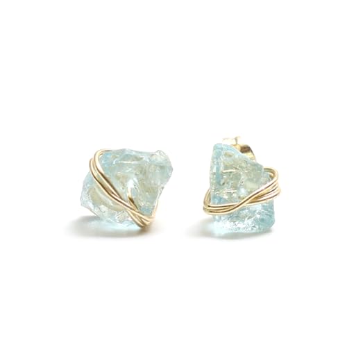 Gempires Wire Wrapped Raw Aquamarine Stud Earrings for Women | 14k Gold Plated Handmade Crystal Studs | Hypoallergenic Minimal Jewellery | Everyday & Gift Earrings