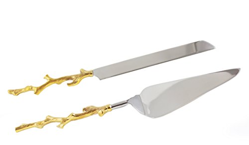 Rs Accessories Llc Server Set, Cake, Pie, Desert Flatware Set, Tree Branch Design, 2-Piece 18/10 Stainless Steel With Brass Handles (Light Antique Gold Finish)… #TOP2