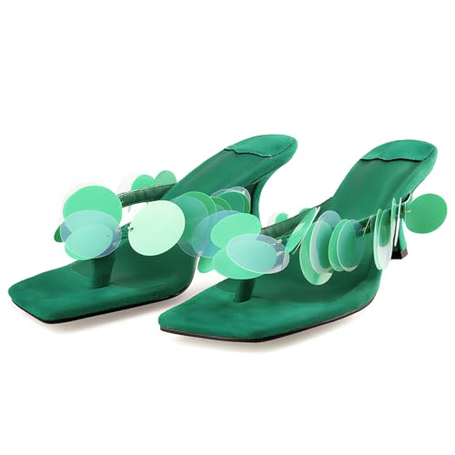 Image of Goolita Women's Suede Sequin Kitten Heels Flip Flops Open Square Toe Strappy Thong Slide Heeled Sandals Comfort Prom Party Mules Heels