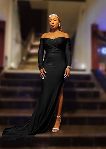 Image of Womens Off Shoulder Sexy V Neck High Split Long Maxi Dress, Formal Cocktail Party Evening Gown Mermaid Dress