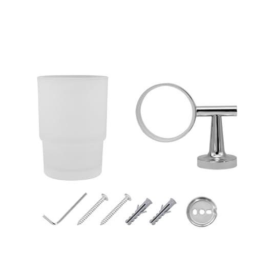 JASSFERRY Wall Mounted Toothbrush Holder Frosted Glass Tumbler Tooth Brush Holder Bathroom Toothpaste Round Cup Set Chrome