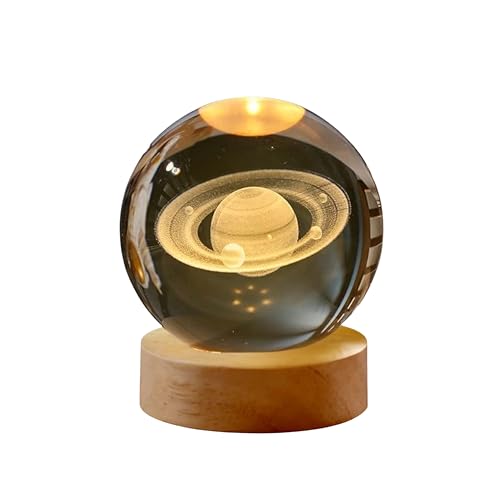 Image of 3D Saturn Crystal Ball Night Light with Wooden Base, Table Lamp