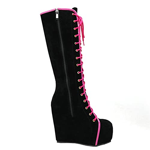 BEAUPAS Women's Goth Knee High Boots Wedge High Heel Platform Lace Up Boots Round Toe Zipper Shoes2