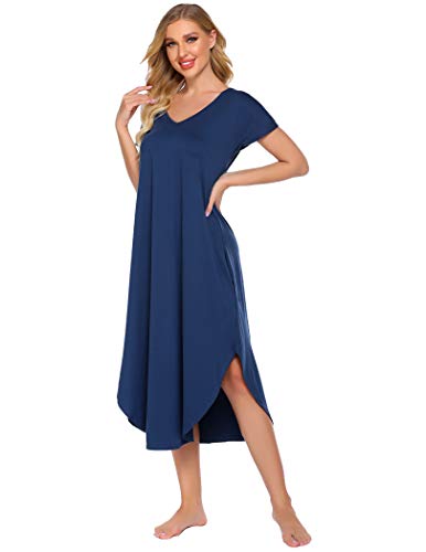 Coshow Womens Long Sleepwear Maxi Caftan Dress Pajama Dress with Pockets Navy M