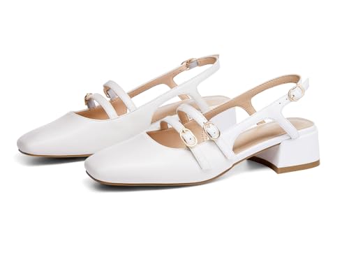 Image of Coutgo Women's Mary Jane Chunky Low Heels Slingback Pumps Closed Square Toe Wedding Dress Shoes