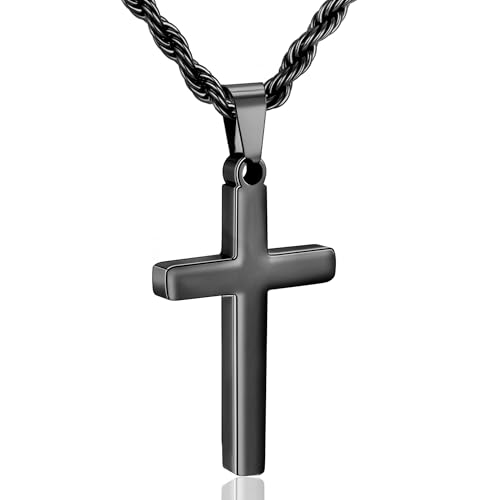 HEYOLL First Communion Gifts for Boys Cross Necklace for Boys Men Stainless Steel Black Cross Chain Pendant Necklace for Teen Boy Christian Stuff Baptism Confirmation Gifts for Teens