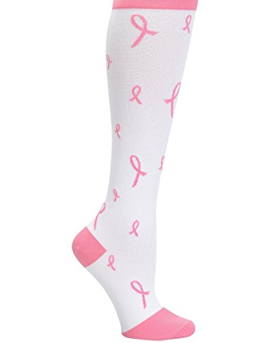 Nurse Mates Women's Compression Trouser Socks, White Pink Ribbons, XX
