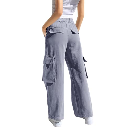 Girls Trendy Cargo Pants Baggy Wide Leg Sweatpants Pockets High Waisted Zipper Button Back Elastic Straight Pants2