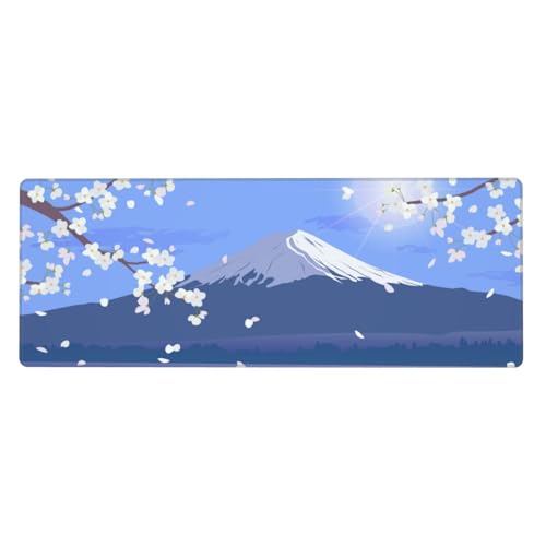 Image of Japanese Cherry Blossom Large Gaming Mouse Pad, Extended Sakura Fuji Mountain Mousepad, Big Long Non-Slip Mouse Mat for Keyboard, Computer, (Blue, 31.5 * 11.8 in)
