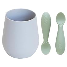 ezpz Tiny Cup Pewter + Tiny Spoon 2 Pack Sage - baby essentials, cup and spoon