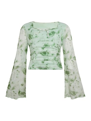 Image of Verdusa Girl's Floral Print Square Neck Lettuce Trim Long Bell Sleeve Ruched Tee Top