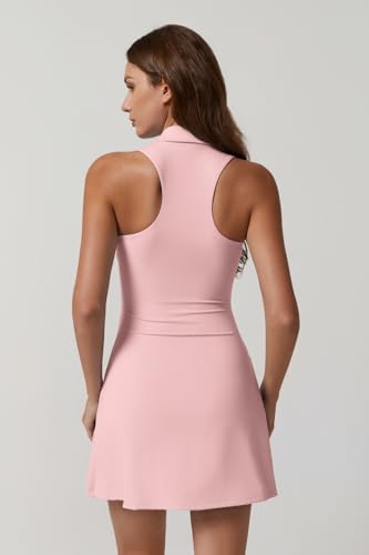 Image of QINSEN Womens Zip Front Tennis Dress Polo Collar Racer Back Workout Golf Dresses Build in Shorts with Pockets