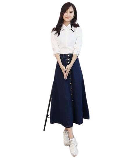 Navy Blue A-Line Maxi Denim Woman Skirt-image-19