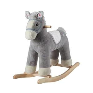 Pony Rocking Horse, Plush Stuffed Animal Rocker with Realistic Sound, Wooden Rocking Pony, Animal Ride on, Home Decor, for Boys & Girls (Gray Horse Pony for 18M+),CPC Certified