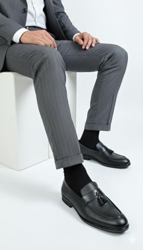 Image of NARKI Men's Black Textured Leather Tassel Loafers - Stylish Slip-On Formal Shoes for Office