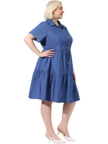 Image of Agnes Orinda Plus Size Chambray Dress for Women Short Sleeve Button Down Flowy Tiered Shirt Dresses 1X Light Blue