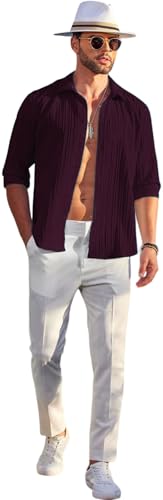 Image of DEELMO Men's Button Down Dress Shirts Textured Long Sleeve Casual Hawaiian Beach Shirt