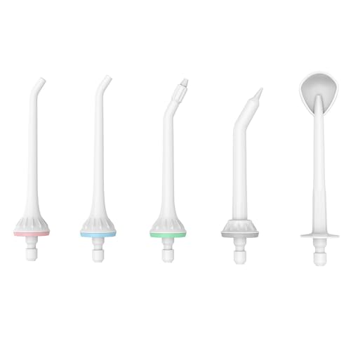 RUMFFLYE 5 Testine di Ricambio per Idropulsore Dentale, con 4 Modalità (1 Ortodontiche, 2 Standard, 1 Lingua, 1 Periodontale), Gira a 360°, Adatte per la Famiglia W
