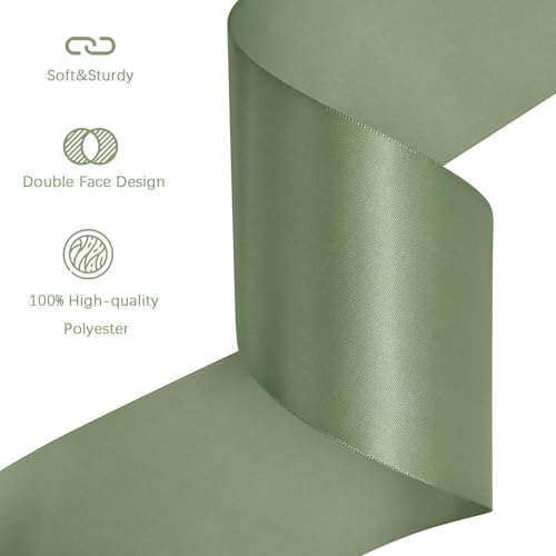 Image of Dusty Sage Green Satin Ribbon 3 inch X 15 Yards Polyester Ribbon for Gift Wrapping Very Suitable for Weddings Party Hair Bow Invitation Decorations and More
