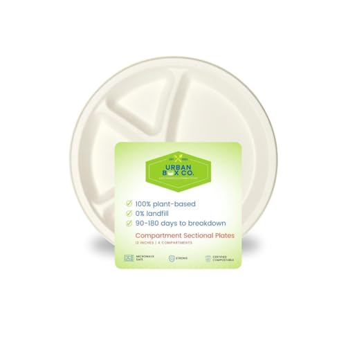 Urban Box Co. 12-Inch 4-Compartment Compostable Plates, Heavy-Duty Eco-Friendly Sugarcane Fiber, Biodegradable & PFAS-Free, BPI-Certified, Compostable Dinner Plates, 150 Pack