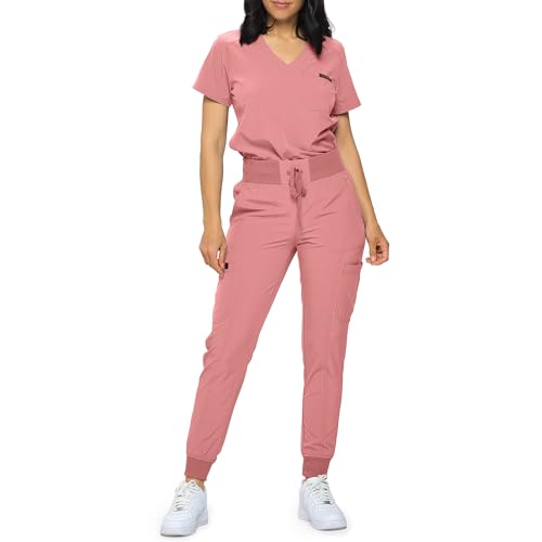 Image of Monarch Uniforms Slim Fit Stretchy Scrubs Women's Jogger Scrub Set Slim Jogger Scrubs with Tuck-In Top for Women (MAUVE-L)