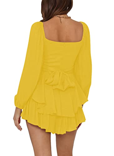 Image of LYANER Women's Jumpsuit Lantern Long Sleeve Ruffle Layer Tie Mini Short Romper