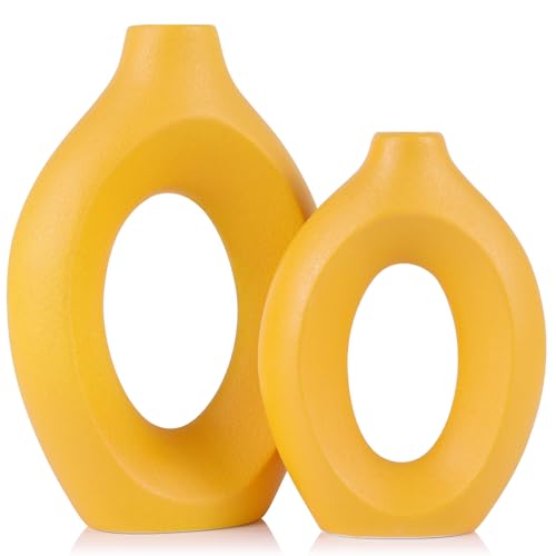 Juego de 2 jarrones Amarillos, jarrón de cerámica Amarillo Mate Hueco Moderno, jarrón Decorativo Bohemio de Hierba de Pampa para Sala de Estar, Boda, Cocina, Mesa de Comedor y Oficina, Centro de Mesa