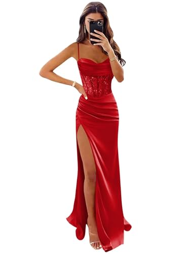 Wchecalino Satin Mermaid Prom Dresses Long 2026 Spaghetti Straps Sparkly Corset Formal Evening Party...
